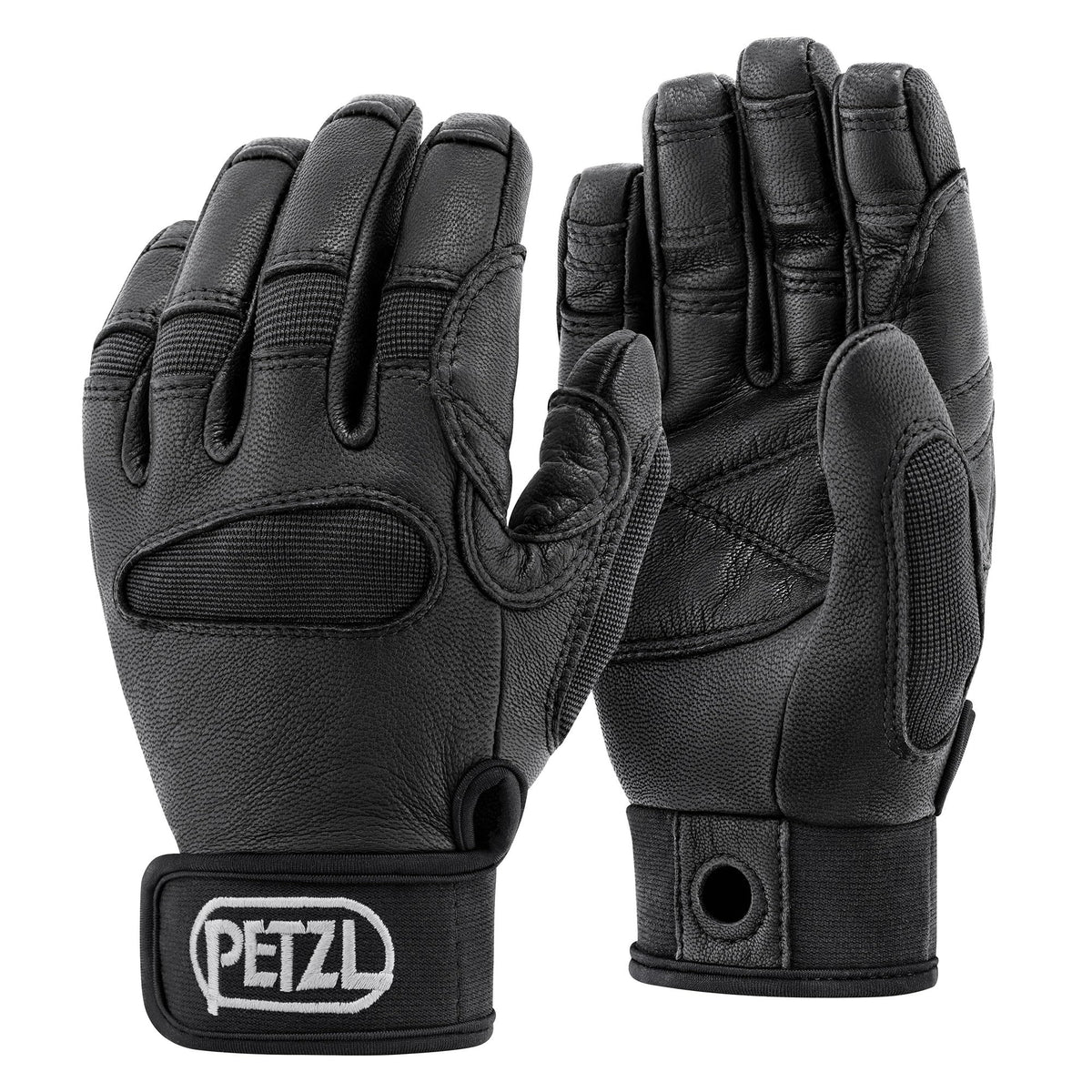 Petzl Cordex Plus palm view showing double-layer leather for durability and heat protection.