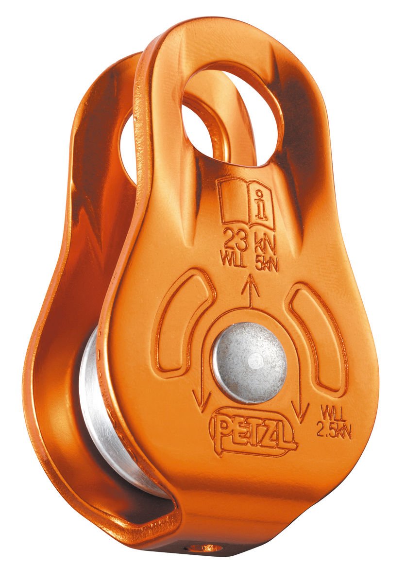 Petzl Fixe pulley orange showing fixed side plates for fast rope installation and hauling
