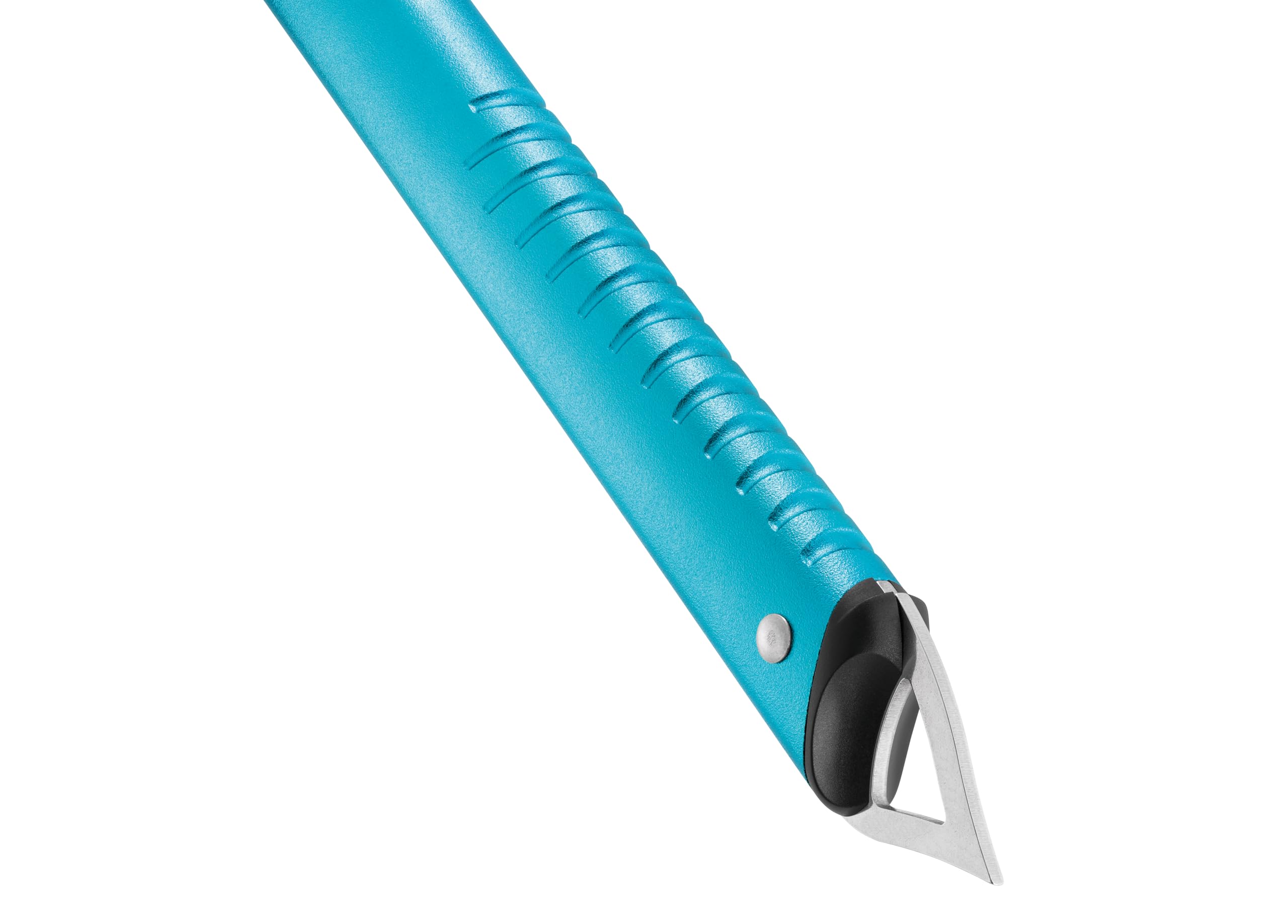 Petzl Glacier ice axe spike and holes for carabiners, enabling quick clipping.