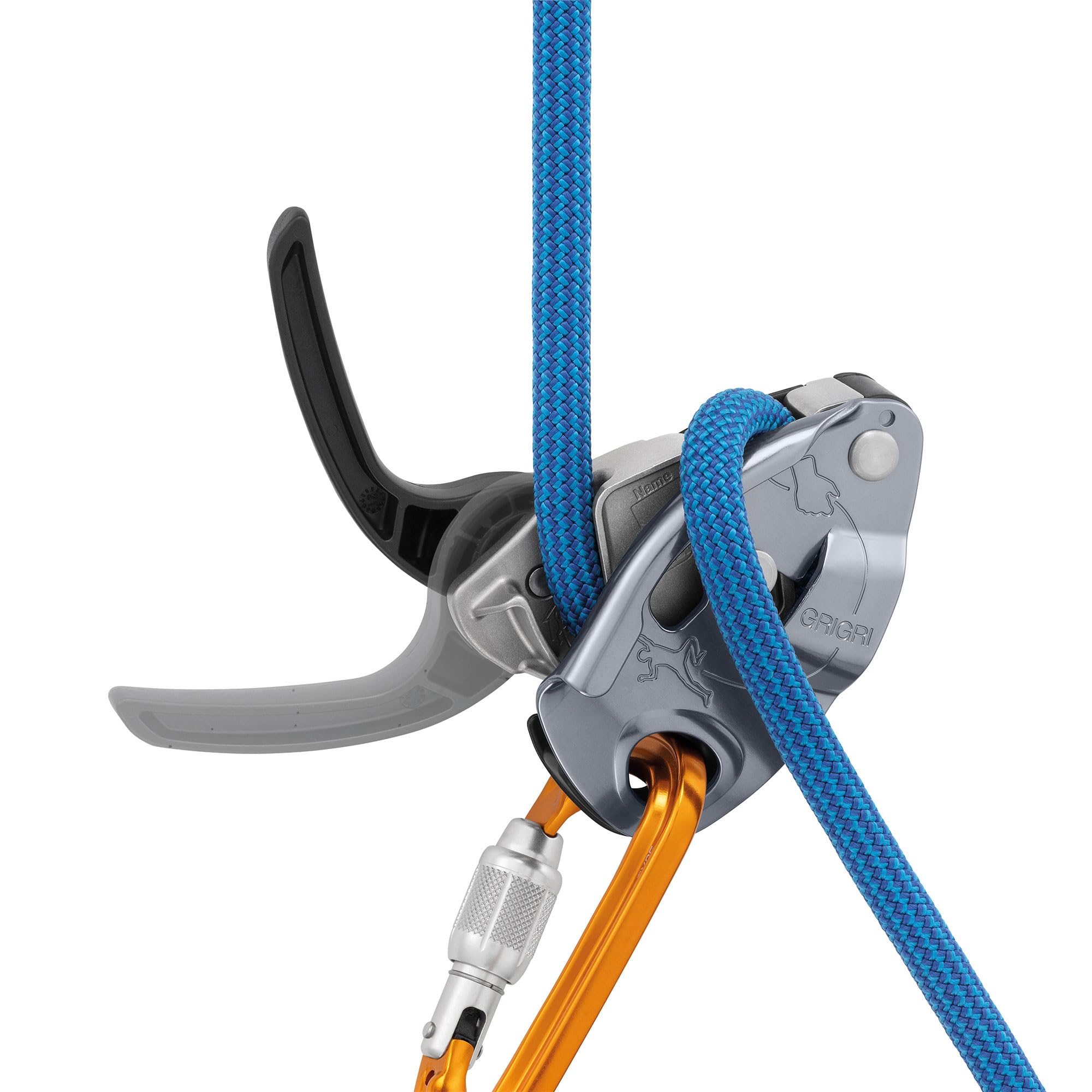 PETZL Grigri gray rope connection illustration emphasizes broad rope compatibility.