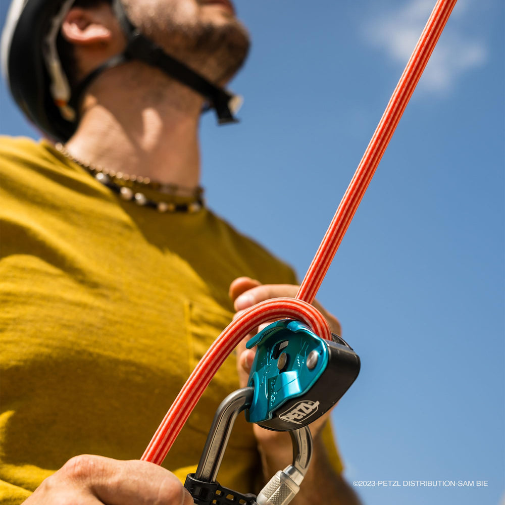 Petzl GRIGRI in-use belay setup suitable for gym or outdoor routes.