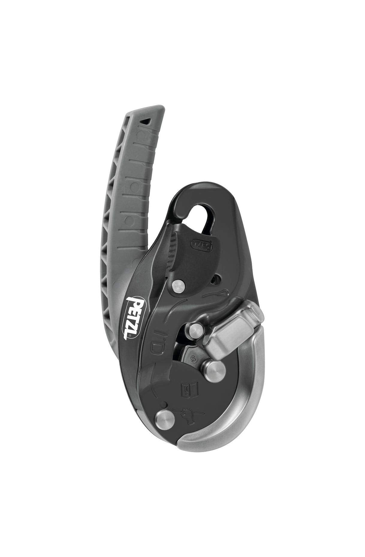 PETZL I’D Evac Descender front view showing robust black finish for anchor lowering