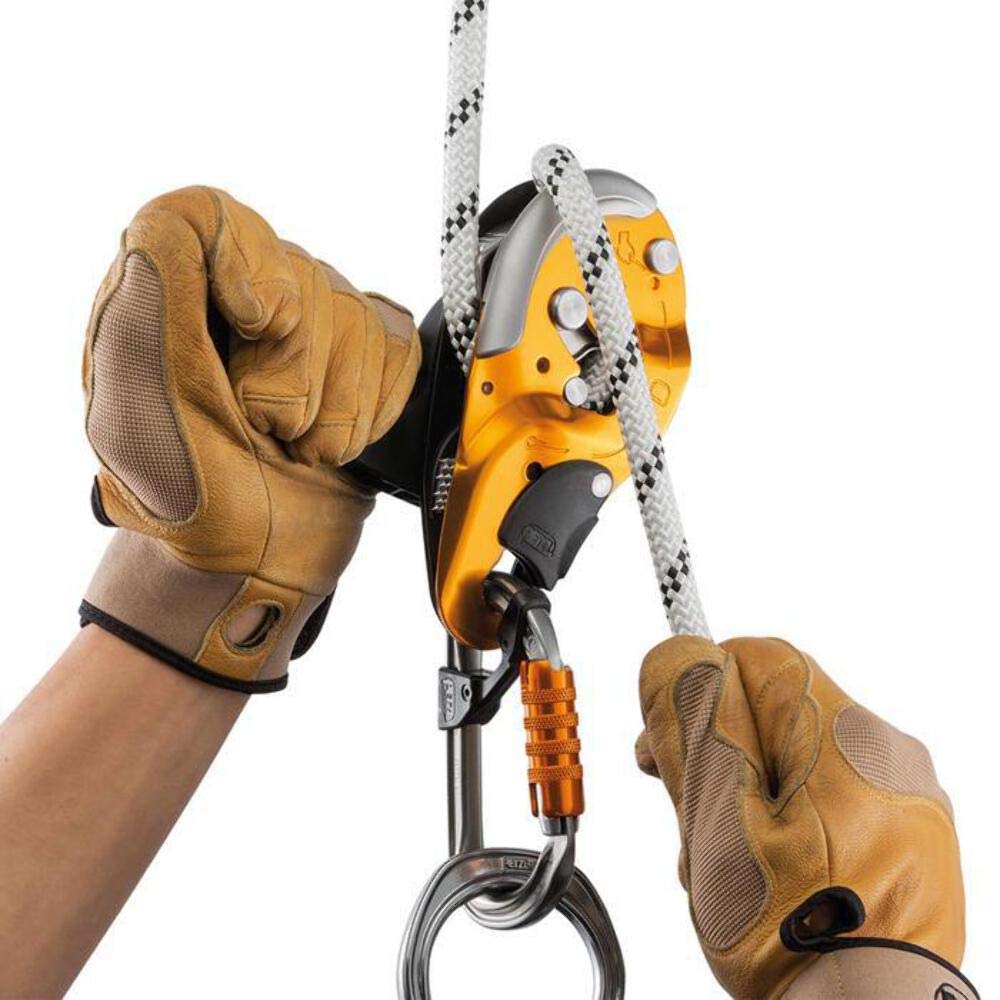 PETZL I'd S Descender side view, robust yellow body for height work.