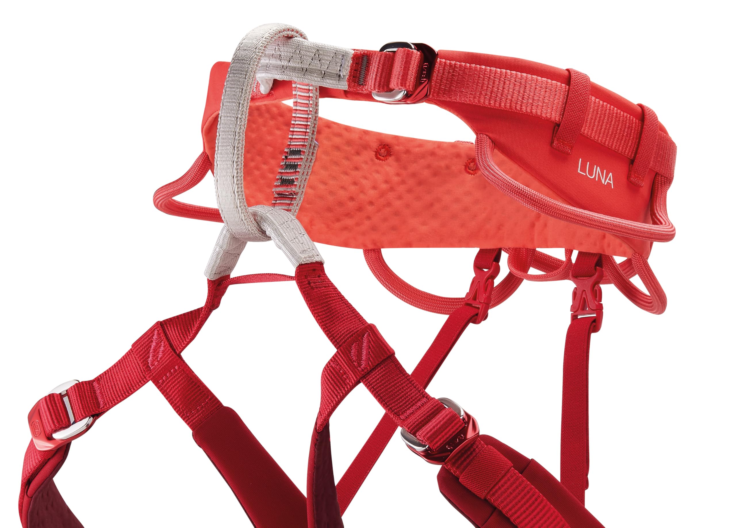 Petzl Luna center rear gear loop for belay gear and accessories.