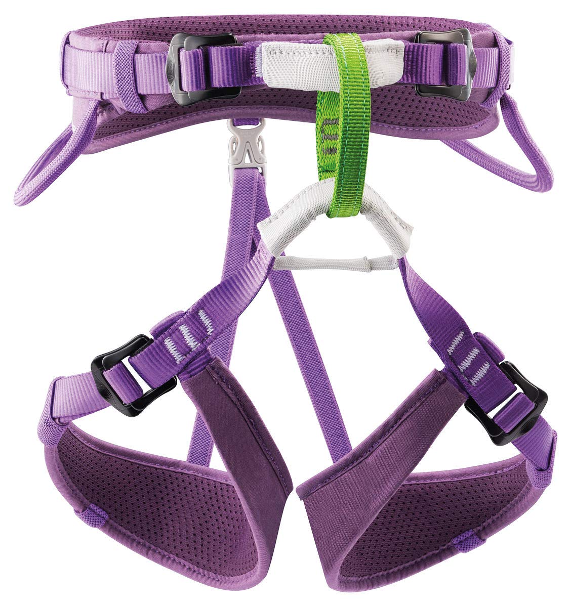 Petzl Macchu violet sit harness with visual safety loop for quick belay checks.