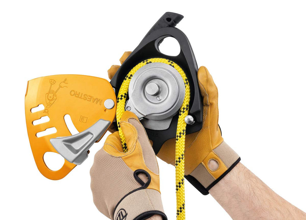 Petzl Maestro S large-diameter progress pulley improves hauling efficiency.