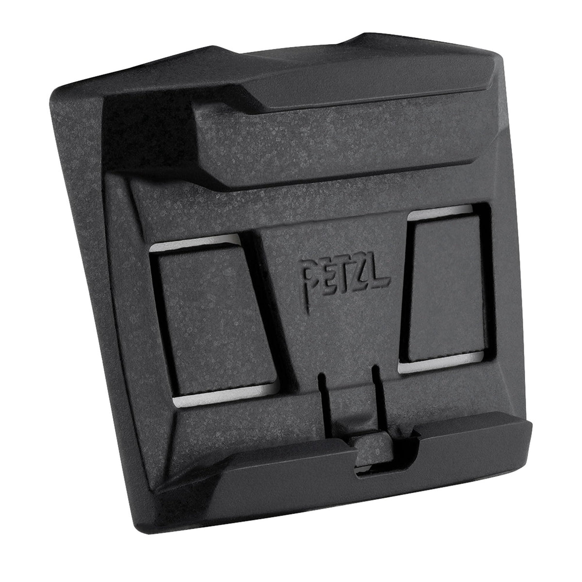 Petzl helmet mounting plate in use, enabling headlamp pivot without obstruction.