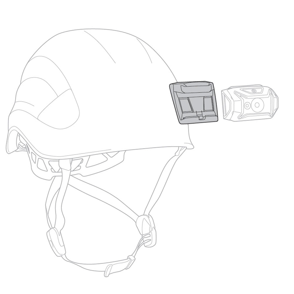 Petzl mounting plate on helmet; quick headlamp setup with secure adhesion.