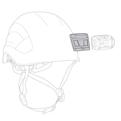 Petzl mounting plate on helmet; quick headlamp setup with secure adhesion.