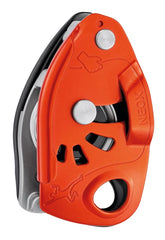 Petzl Neox belay device front view with cam-assisted blocking for lead climbing.