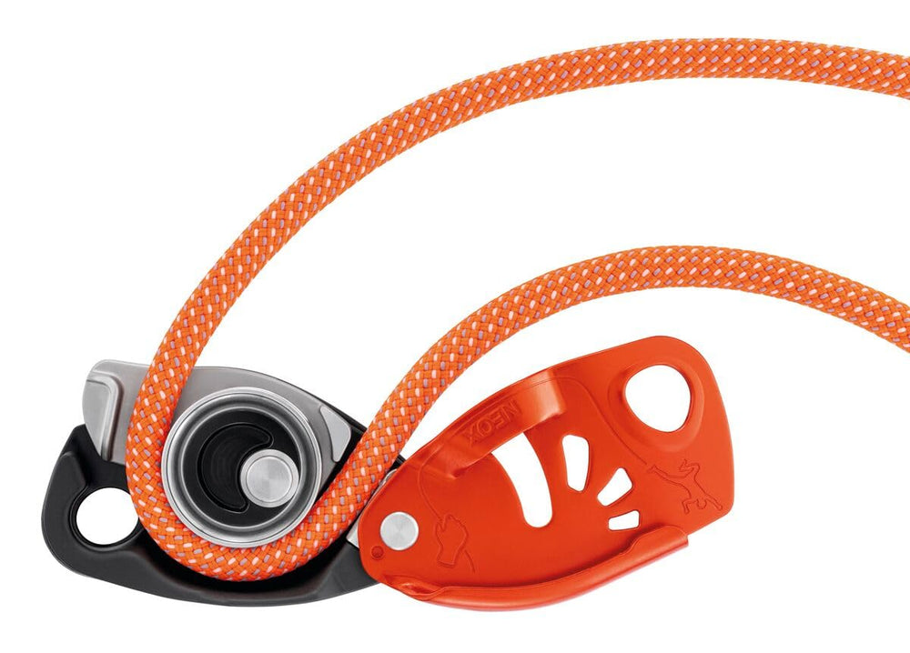 Petzl Neox ergonomic handle close-up for easy descent control.