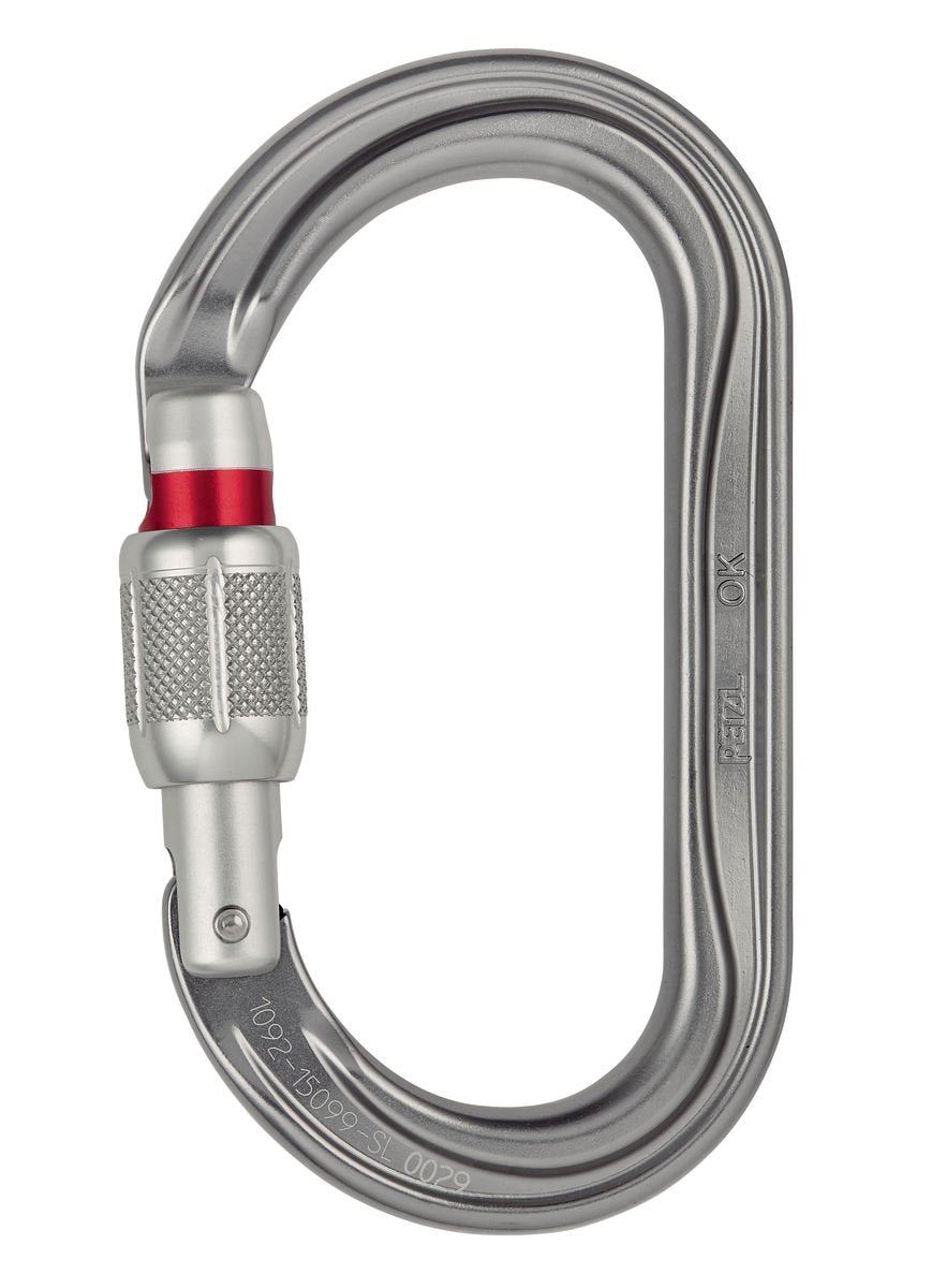 Petzl OK carabiner with screw-lock and red band aids in quick visual status.