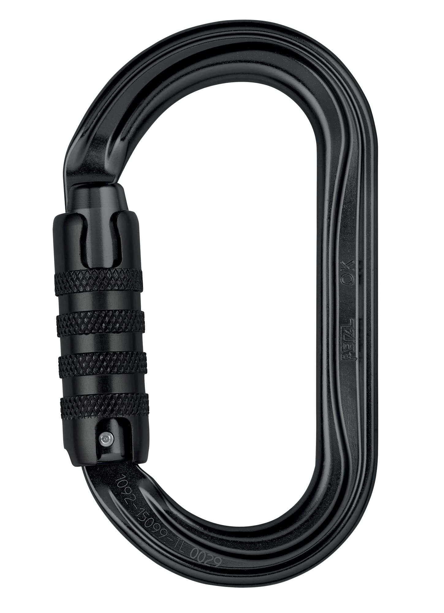 Petzl OK Oval aluminum carabiner in black with symmetric shape for centered gear