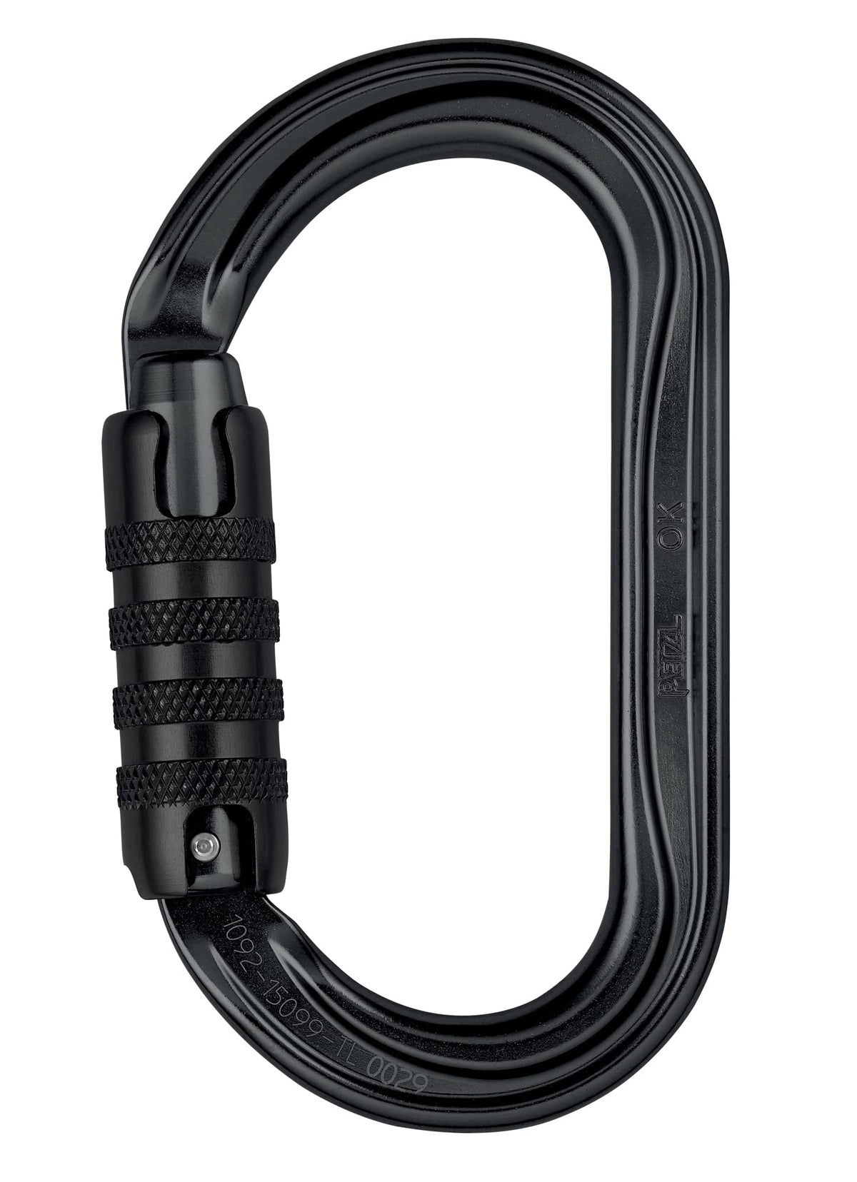 Petzl OK Oval aluminum carabiner in black with symmetric shape for centered gear