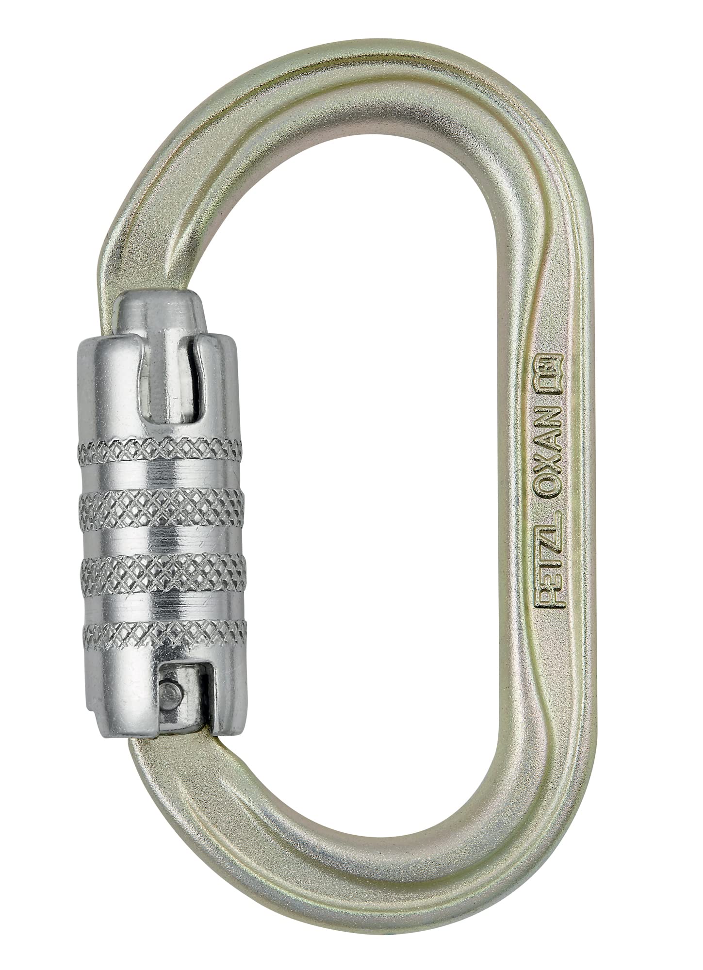 Petzl Oxan carabiner in gold with TRIACT-LOCK for secure pulley setups and snag-free clipping.