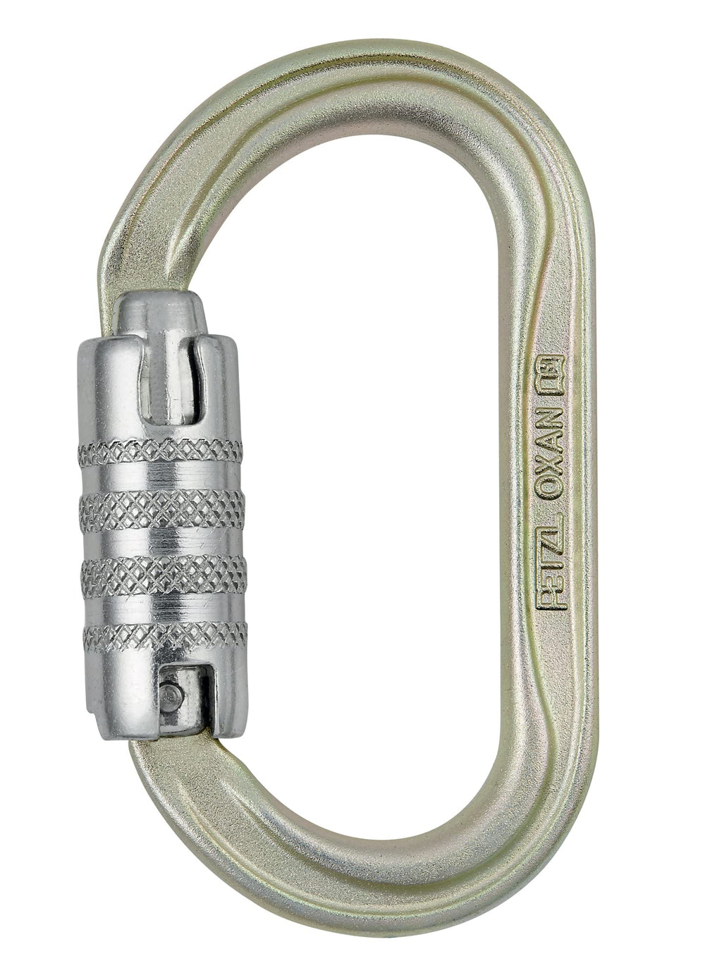 Petzl Oxan carabiner in gold with TRIACT-LOCK for secure pulley setups and snag-free clipping.