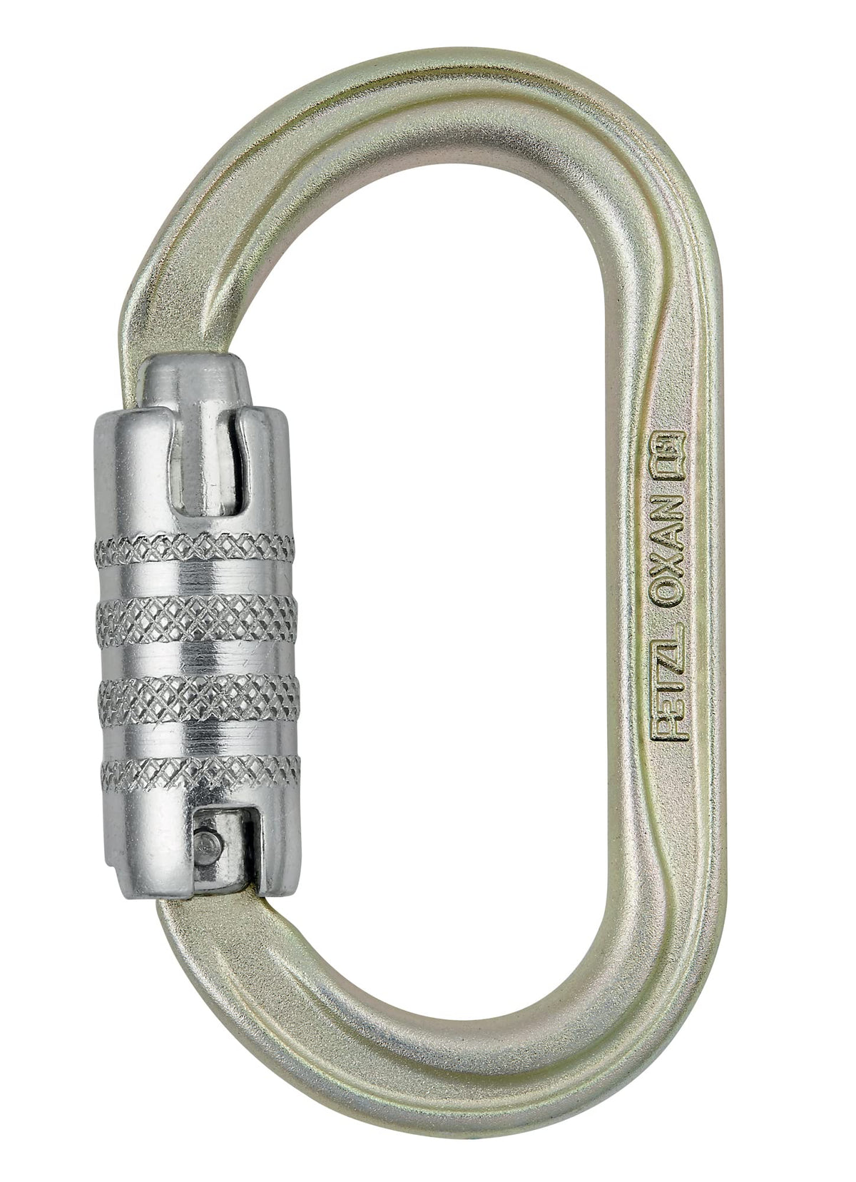 Petzl Oxan carabiner in gold with TRIACT-LOCK for secure pulley setups and snag-free clipping.