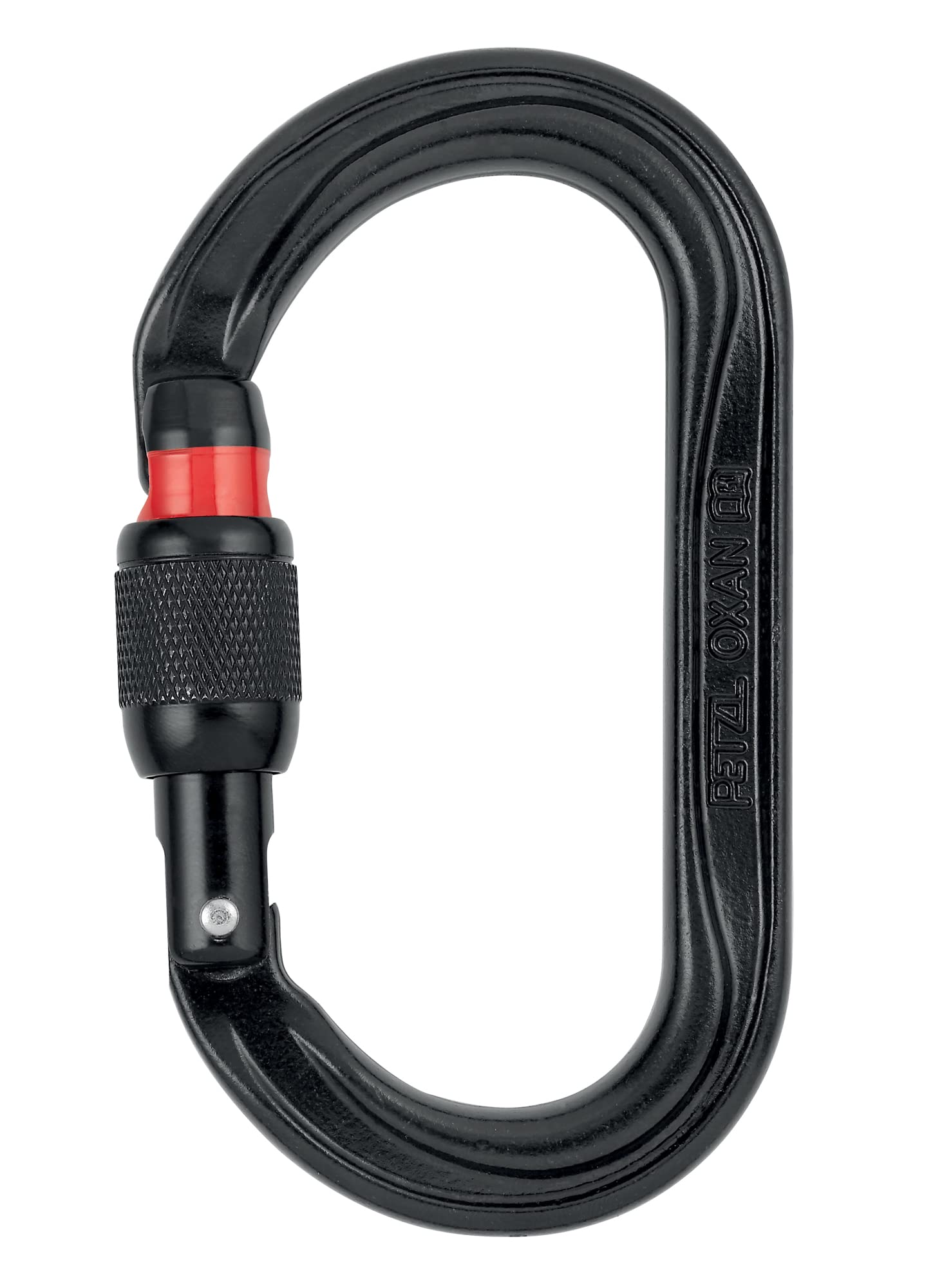 Petzl OXAN screw-lock carabiner in black for secure clipping at anchors and pulleys.
