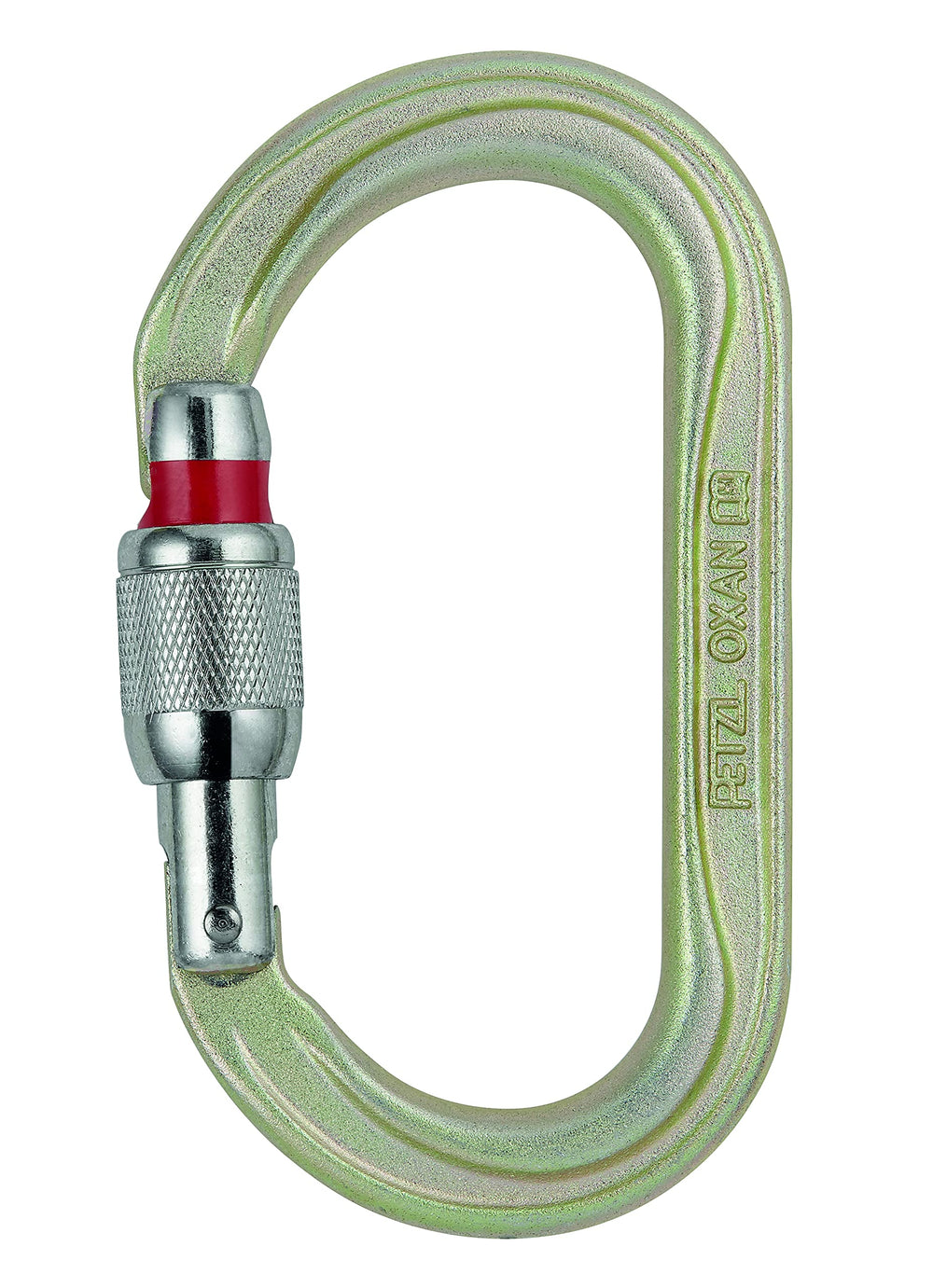 Petzl OXAN screw-lock carabiner with gold finish, ideal for centered loads in anchor setups.