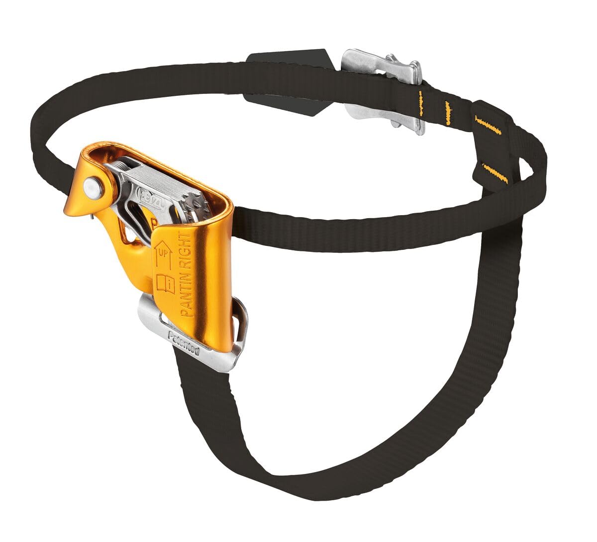 Petzl Pantin foot ascender right-hand setup enabling upright rope ascents with secure cam grip.