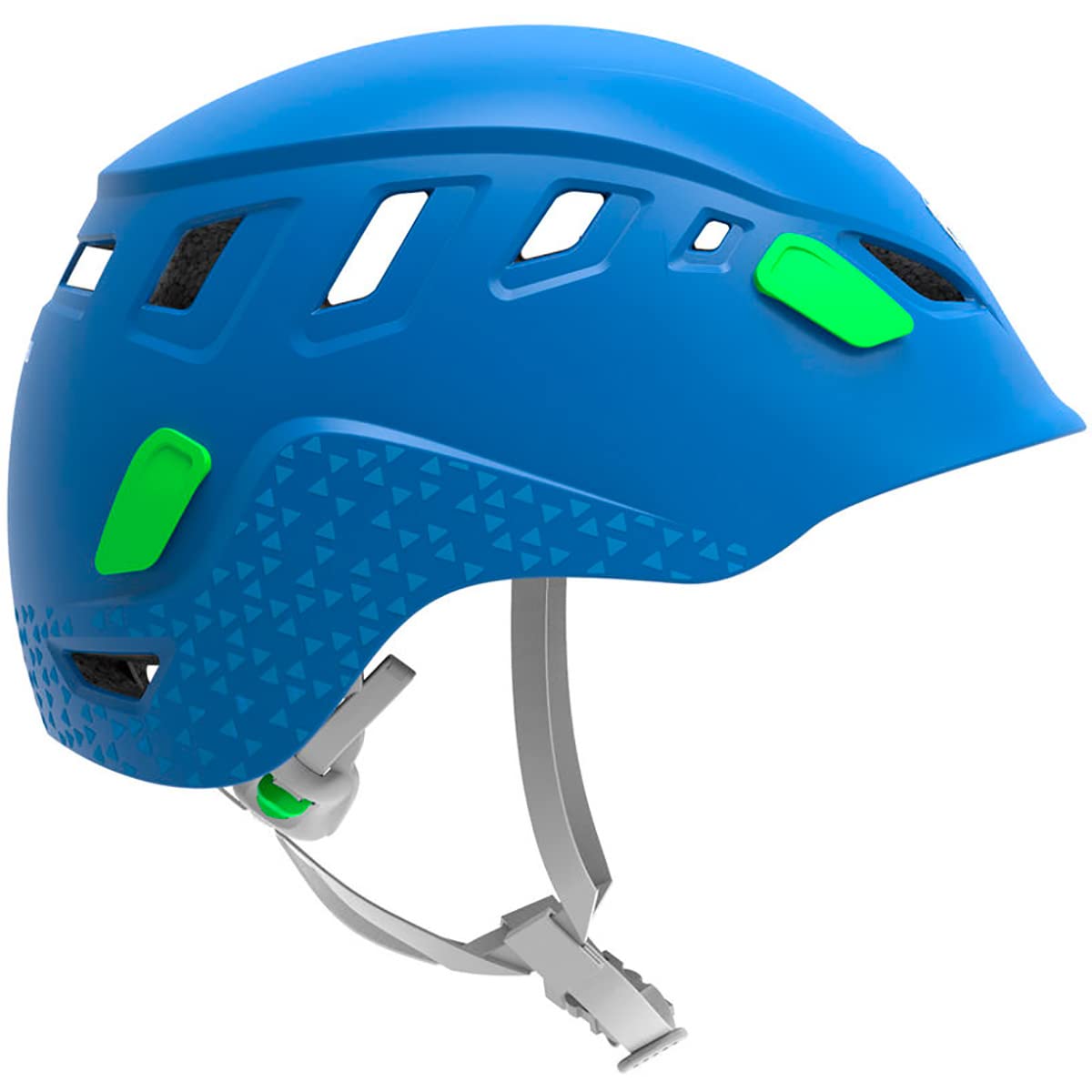 Petzl Picchu blue side view helmet with reflective stickers for dusk visibility