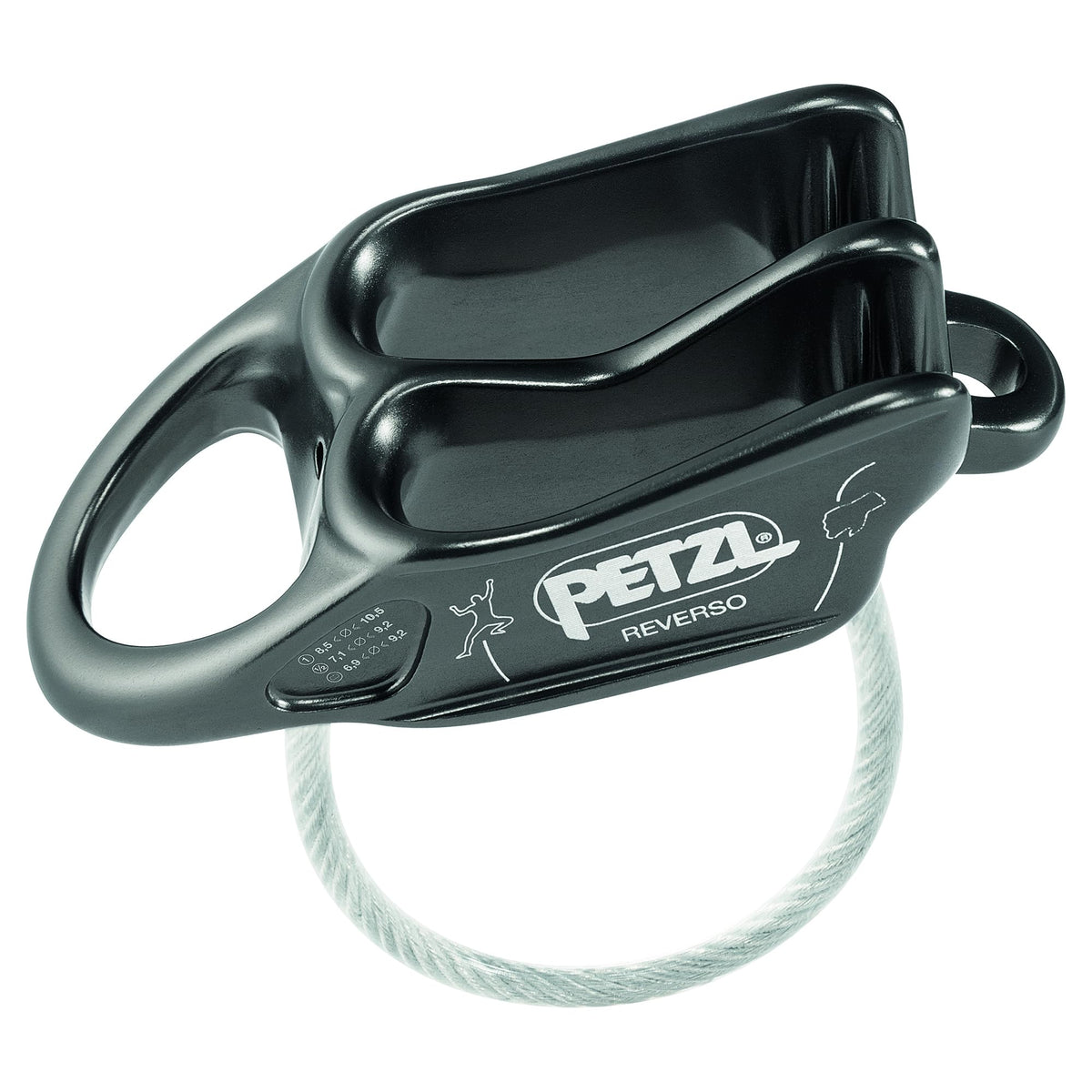 PETZL Reverso gray front view, compact belay device suited for multi-pitch climbs