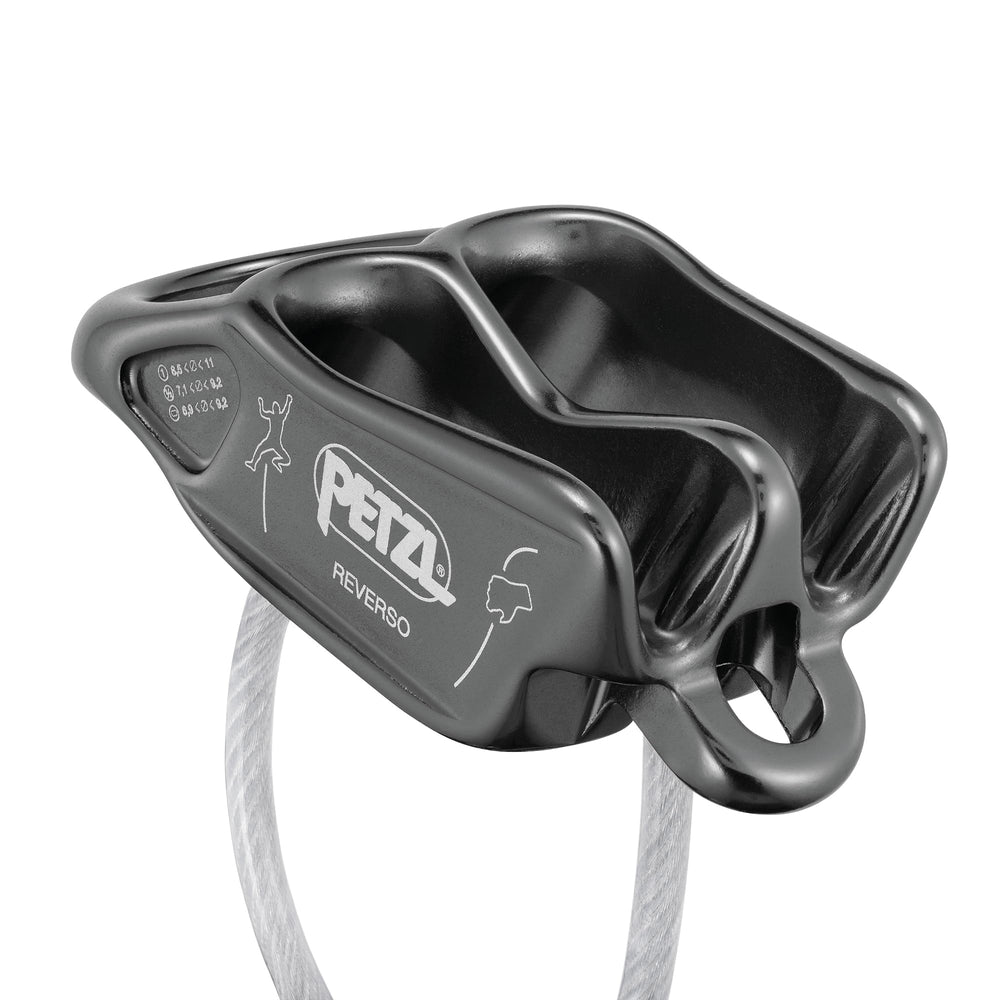 PETZL Reverso gray side view, lightweight belay and rappel tool