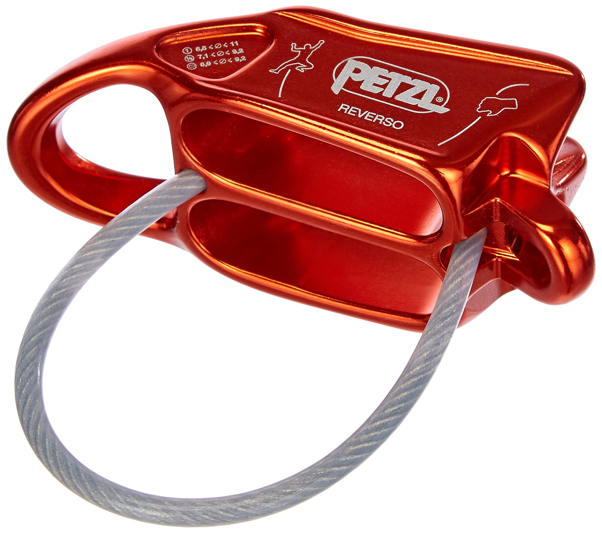 Petzl Reverso belay device, red-orange in-use shot for controlled lowering and setup