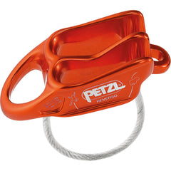 Petzl Reverso belay device, red-orange front view, versatile for belaying and rappelling