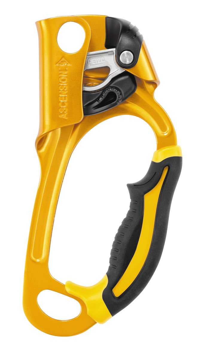 Petzl right-handed ascender in gold, front view, comfortable grip for rope traction