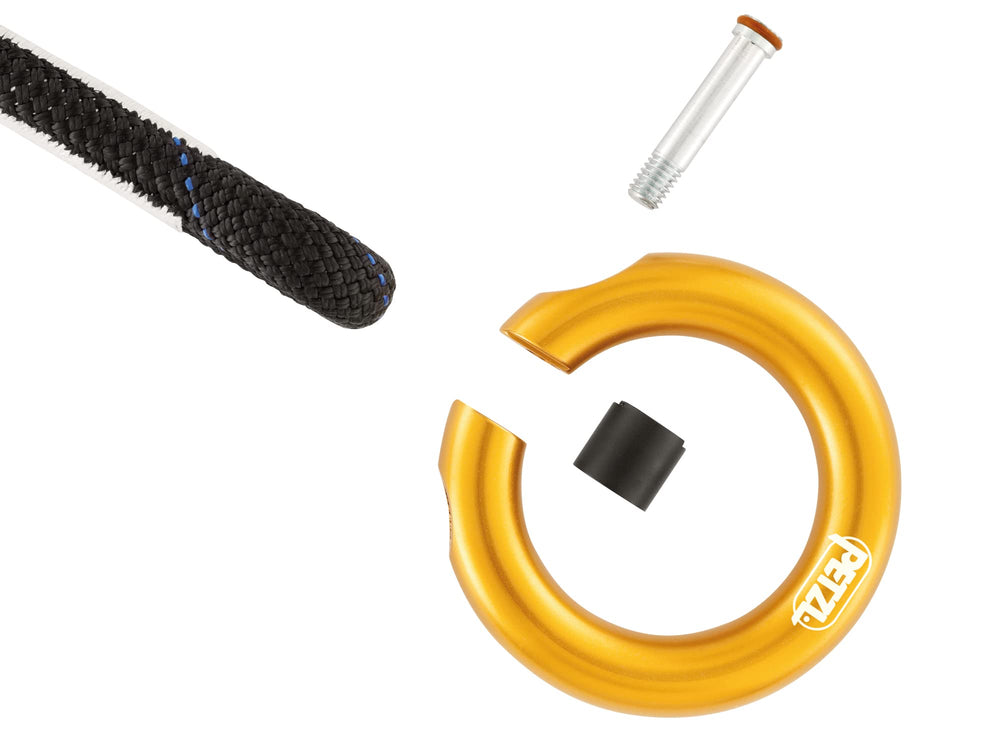 Petzl Ring Open gated ring yellow gate detail for easy rope terminations.
