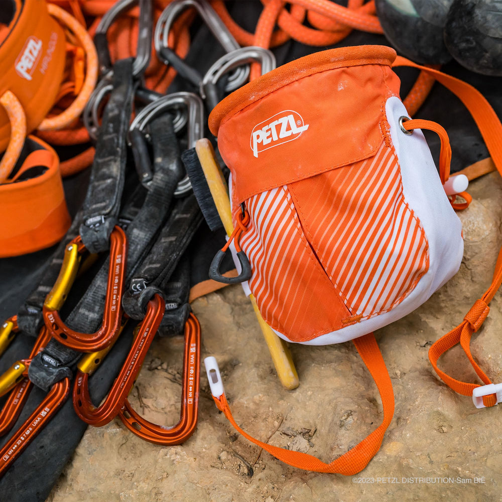 Petzl Sakapoche eco-materials closeup shows recycled fabric and unique patterns.