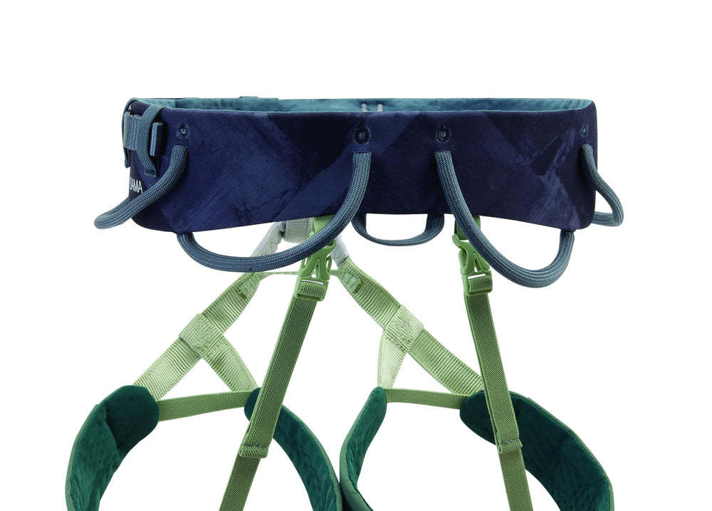 Petzl SAMA harness rear gear loops angled forward sit flat under packs.