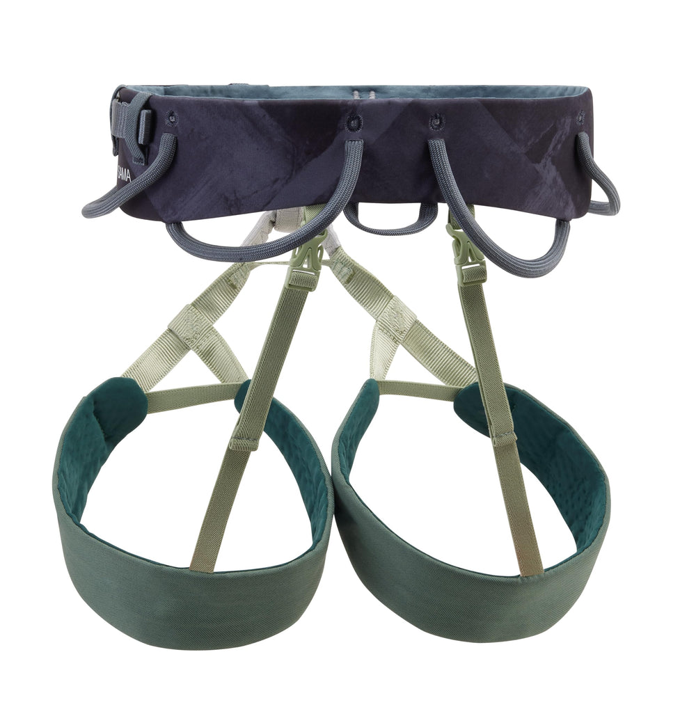 Petzl SAMA harness side view highlighting elasticized leg loops for flexible movement.
