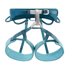 PETZL Sama men's harness Atlantic Blue, front view, highlighting streamlined sport climbing design for gym routes.