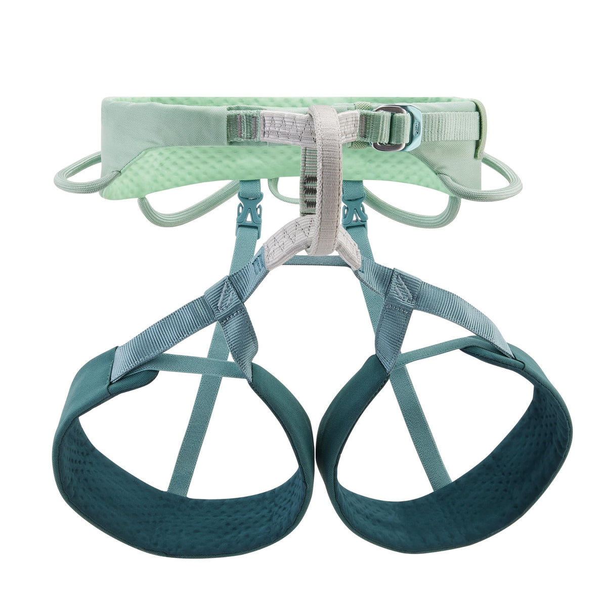 Petzl Selena front view highlights contoured waistbelt for gym climbing comfort.