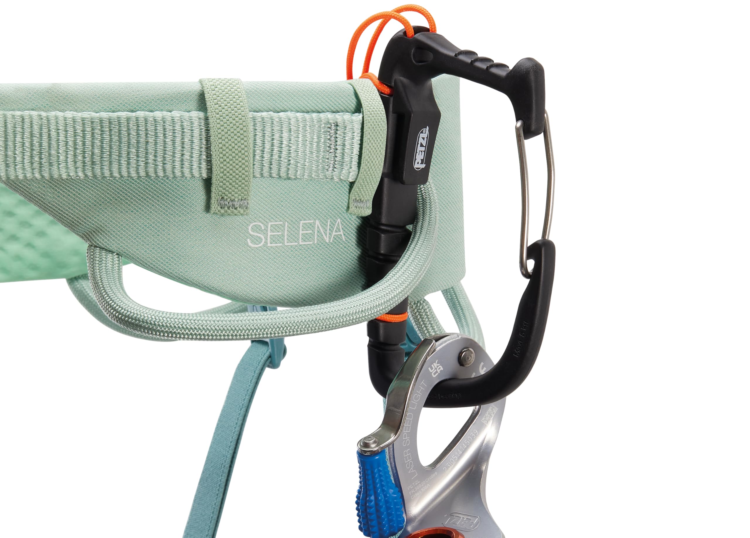 Petzl Selena women's fit details showing contoured waistbelt for sport climbing.