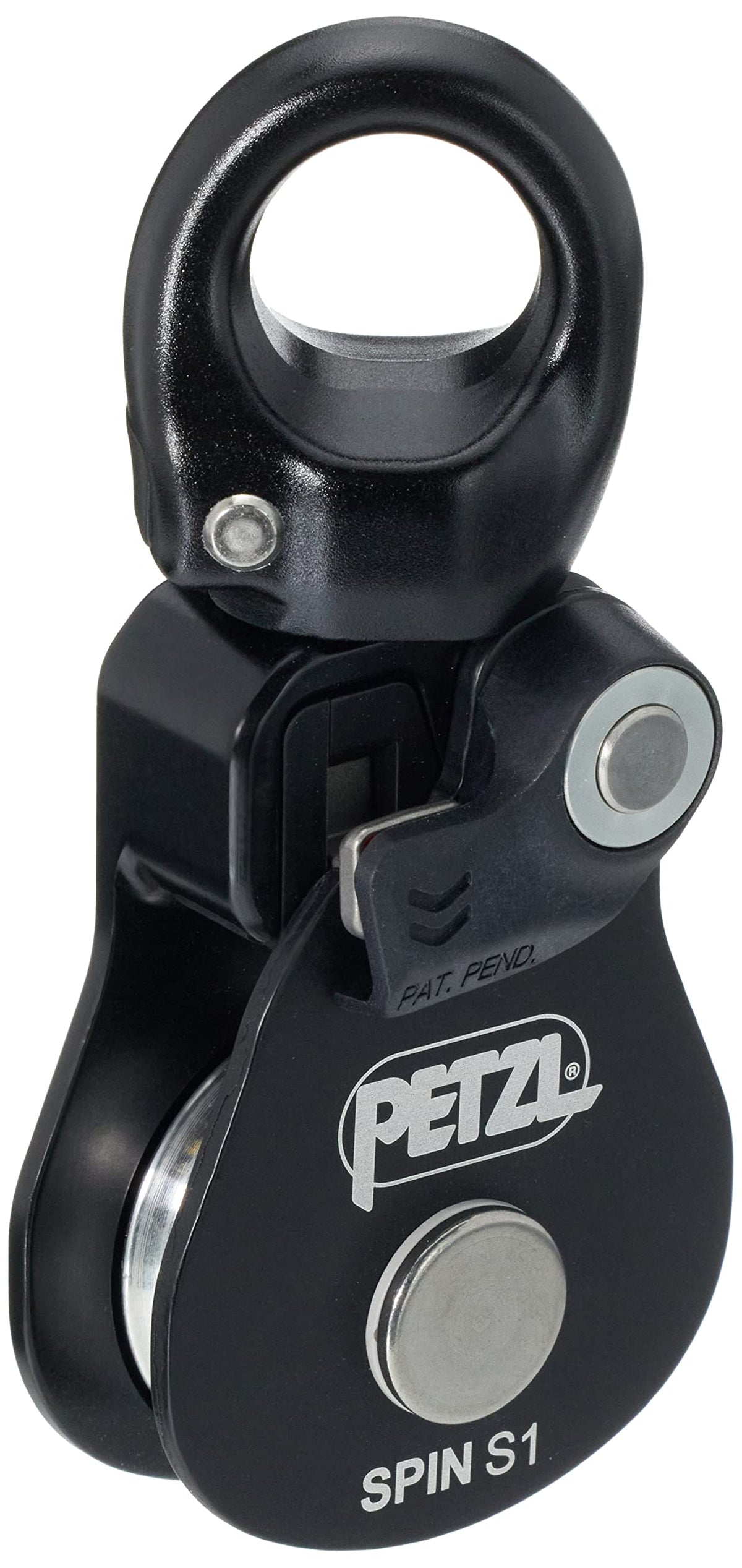 Petzl Spin S1 openable pulley with swivel, compact design for efficient technical rescue tasks.