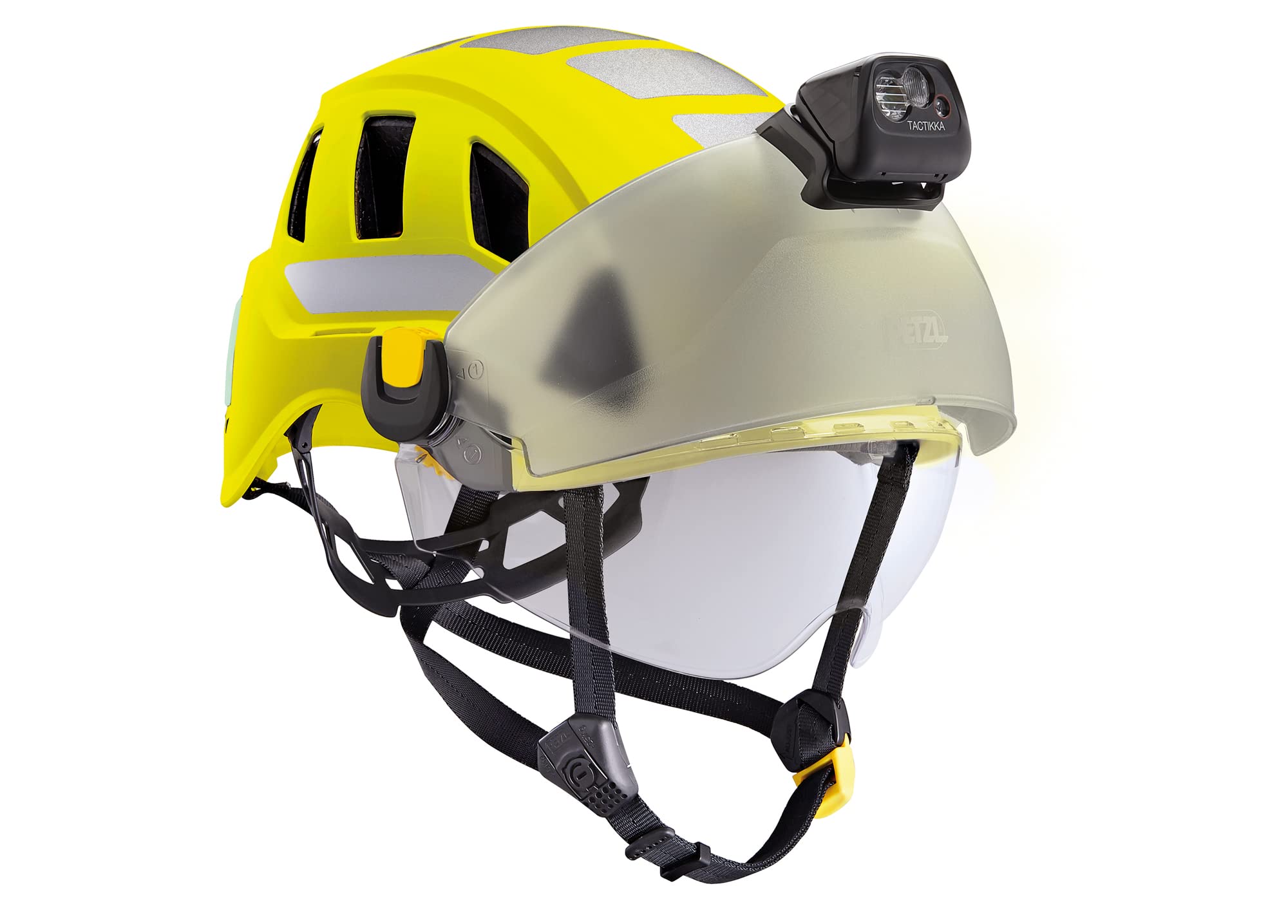Petzl Strato Vent compatible with headlamps, shields, and hearing protection.