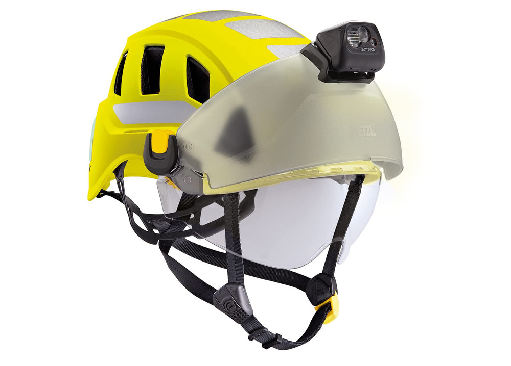 Petzl Strato Vent compatible with headlamps, shields, and hearing protection.