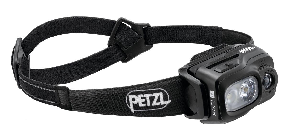 Petzl Swift RL headlamp front view showing 1100 lumens for clear trail visibility.