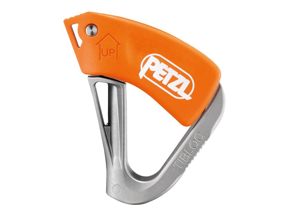 PETZL TIBLOC ascending a rope with a stainless steel cam for secure grip.