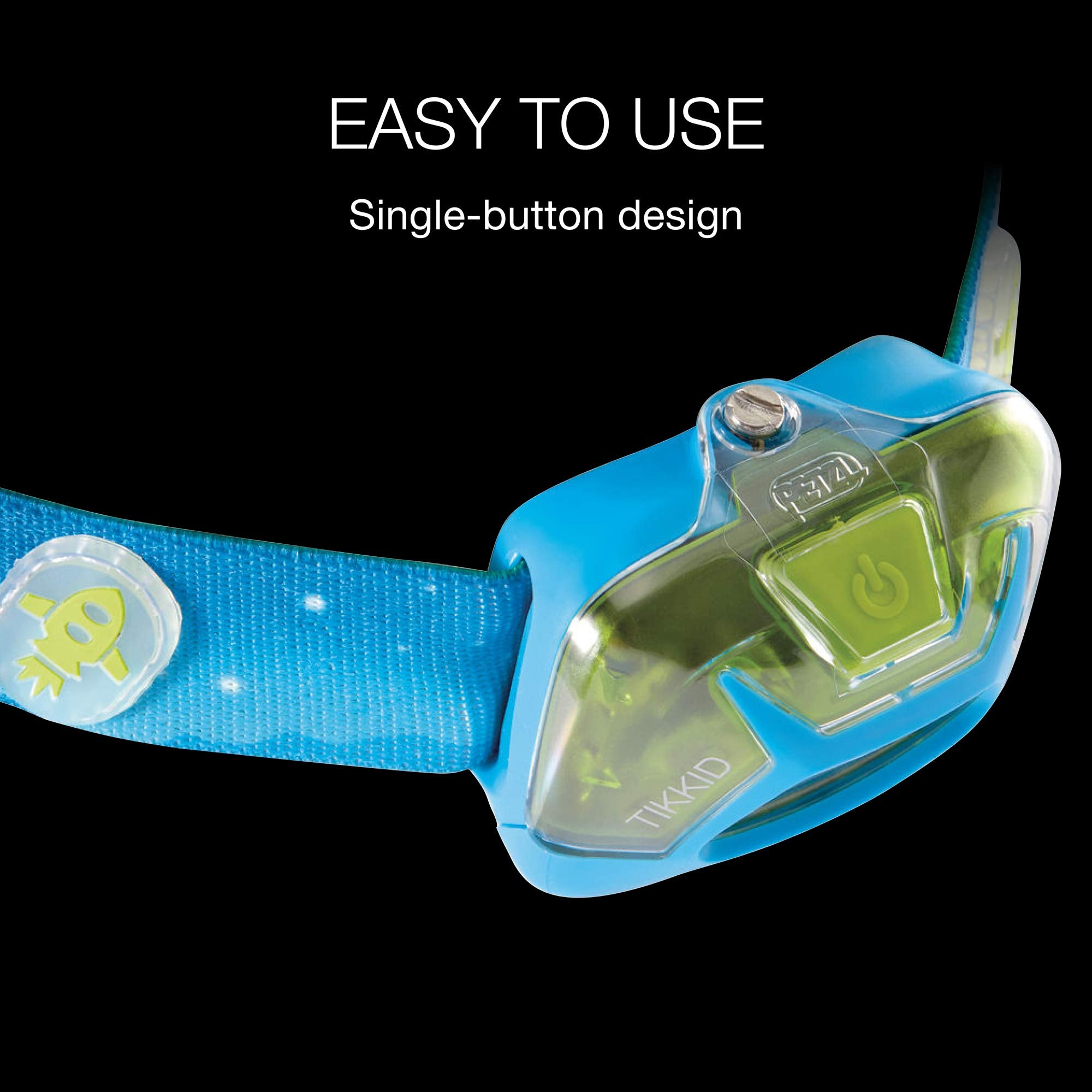 Phosphorescent reflector on PETZL TIKKID headlamp for dark visibility