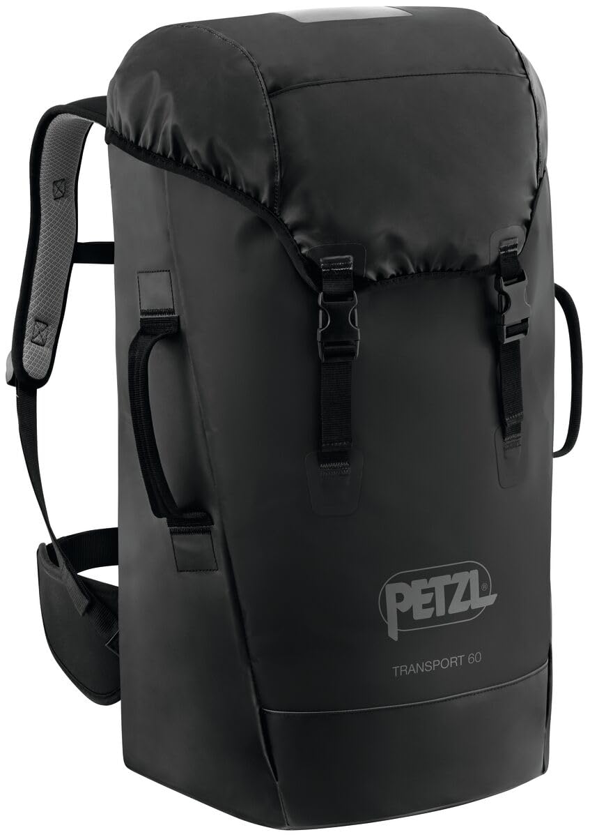 PETZL Transport 60L backpack in black, durable for rugged outdoor use.