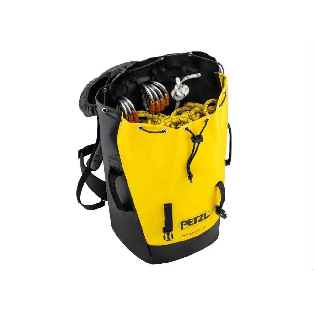 PETZL Transport 60L yellow welded-bottom showing abrasion protection and durability.
