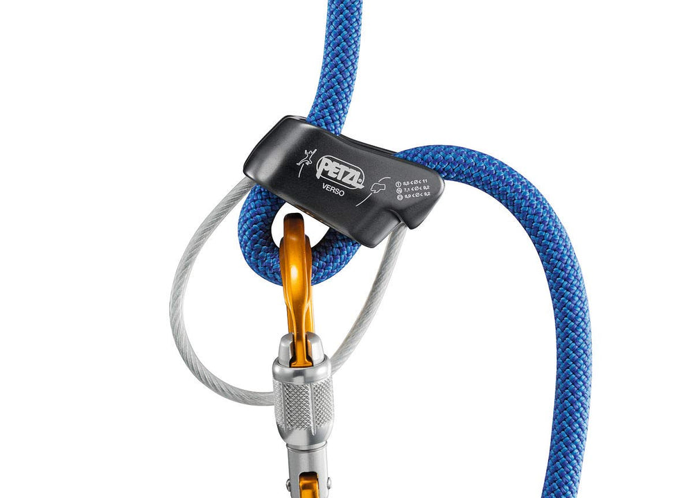 Petzl Verso with engraved diagrams for quick belay and rappel setup