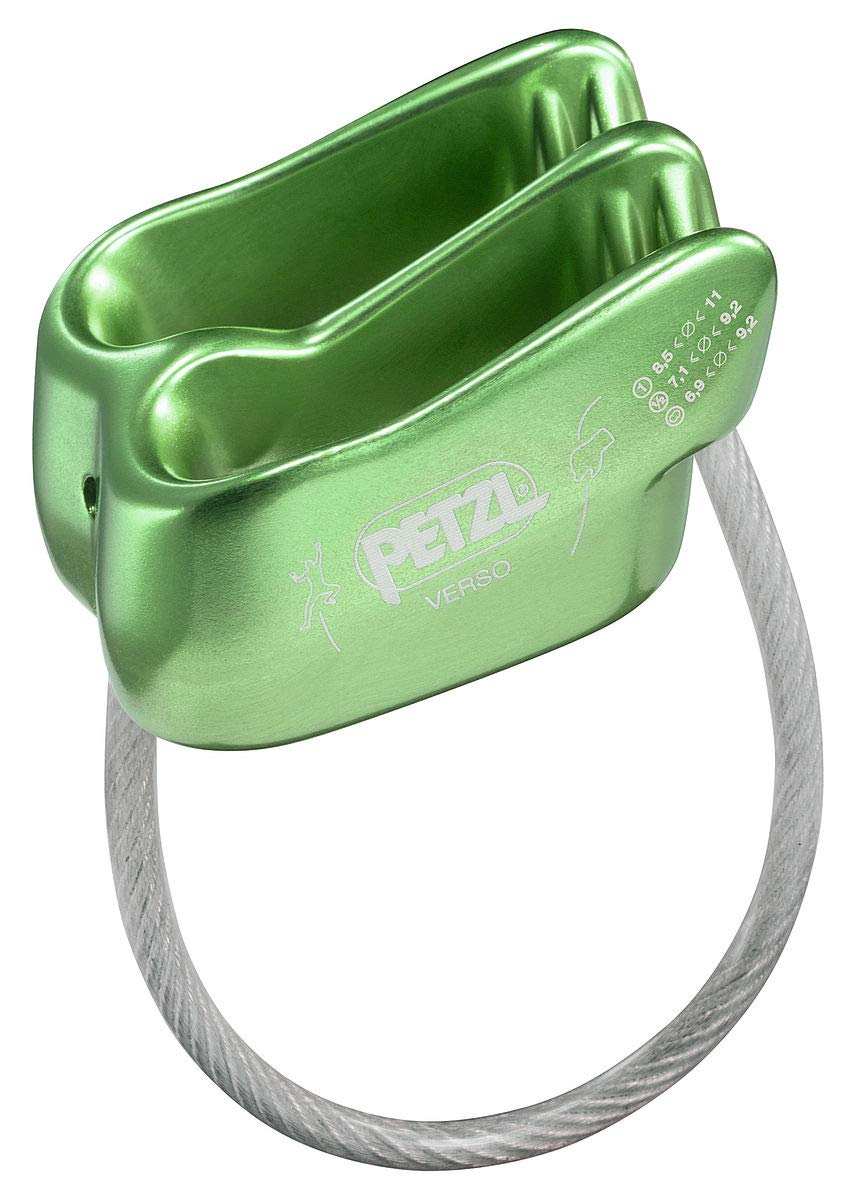 Petzl Verso belay device front view highlighting ultra-light design for easier belaying