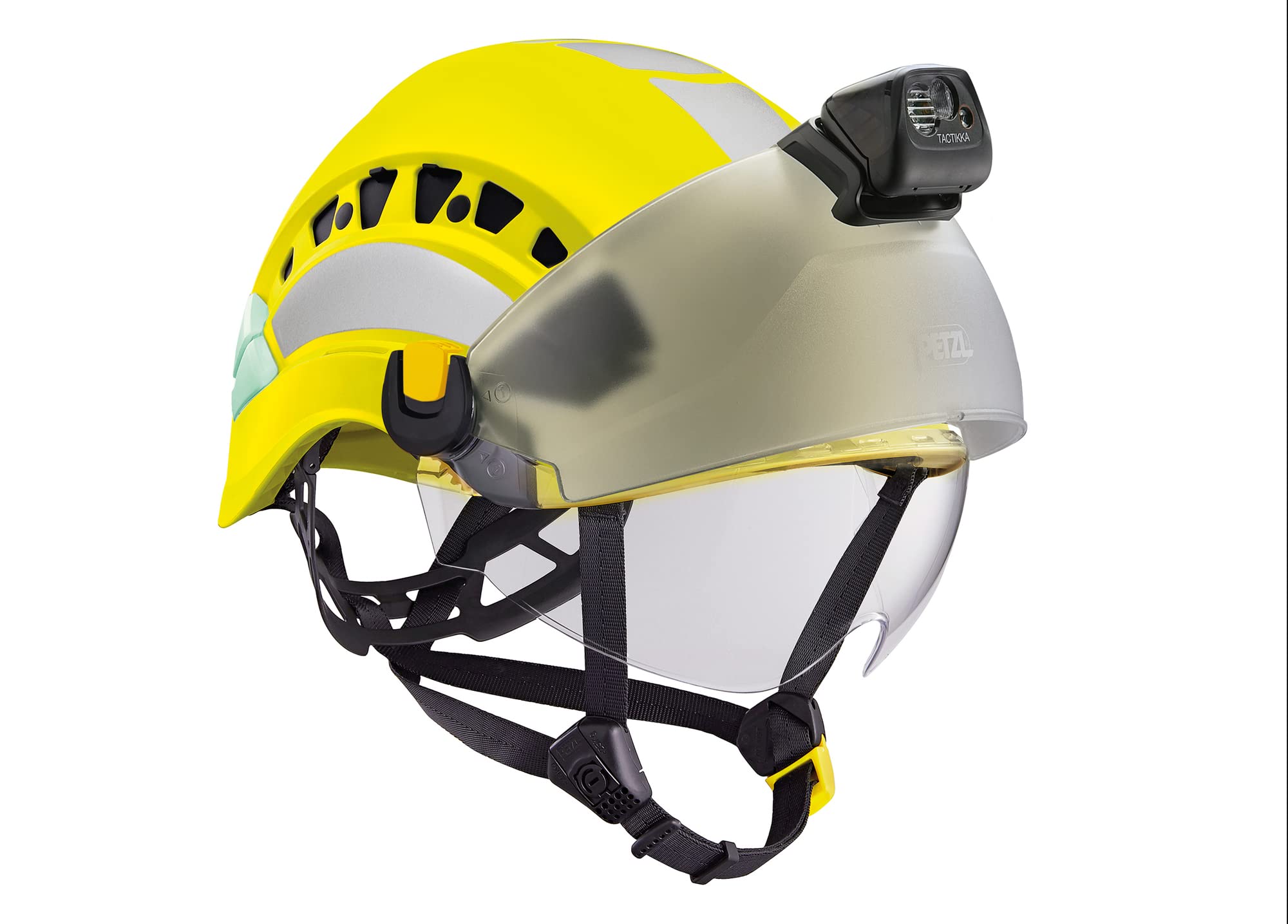 Petzl Vertex Vent accessory slots support PIXA/DUO lamps and shields for modular setup.