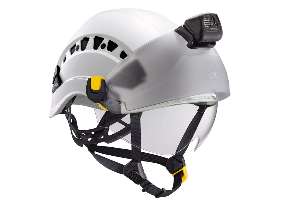 Petzl Vertex Vent slots support headlamps, face shields, and hearing protection.