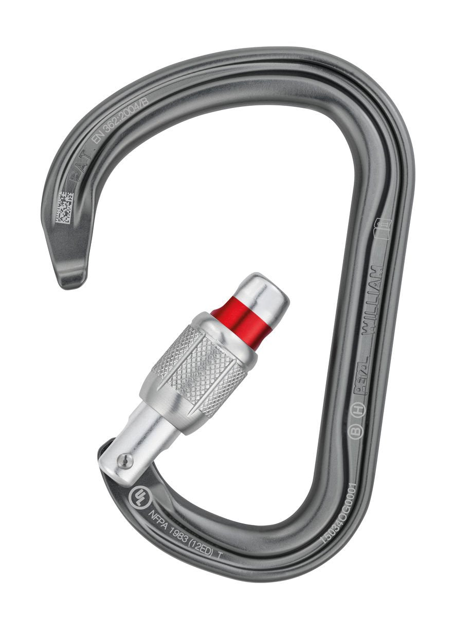 Petzl William ball-lock closeup, demonstrating automatic locking in rugged conditions